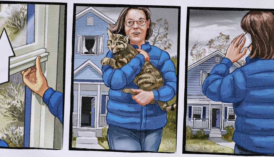 three side-by-side illustrations; left is person's hand opening window; center is woman outside holding cat; right is woman outside on phone