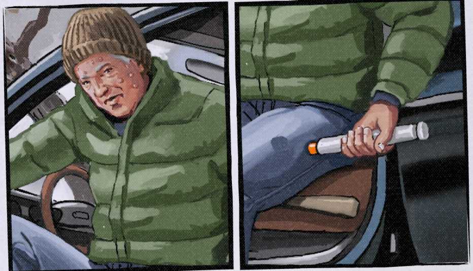two side-by-side illustrations; left shows person with hives on face; right shows hand sticking epinephrine pen into leg