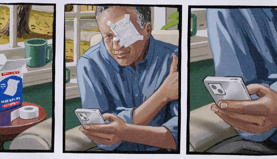 three side-by-side illustrations; left is box of bandages, center is bandage over man's eye; right is hand using cell phone 
