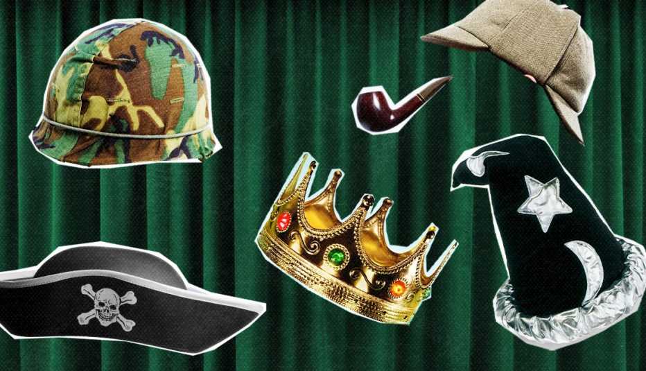 Cutouts of different hats including, pirate hat, military hat, crown, wizard hat and a hat with a pipe; against dark green curtain-like background