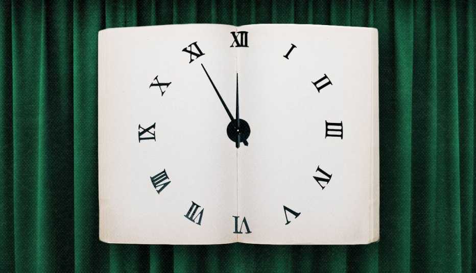 Clock with Roman numerals; against dark green curtain-like background