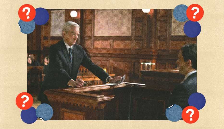 Sam Waterston as DA Jack McCoy and Jeremy Gabriel as Jordan Payne in a still from 'Law & Order'; surrounded by blue, dark blue and red circles with question marks in them