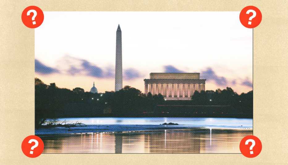 Washington Monument and Lincoln Memorial with trees and water in front of them; surrounded by red circles with question marks in them