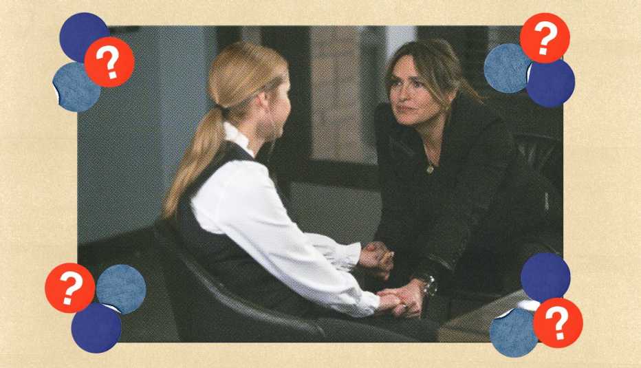 Kerry Butler as Denise Lynch and Mariska Hargitay as Captain Olivia Benson in a still from Law & Order S V U; surrounded by blue, dark blue and red circles with question marks in them