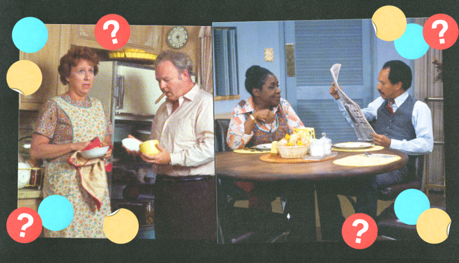 edith and archie bunker in a still from all in the family on the left; george and louise jefferson in a still from the jeffersons on the right; yellow, blue and red circles with question marks surround them