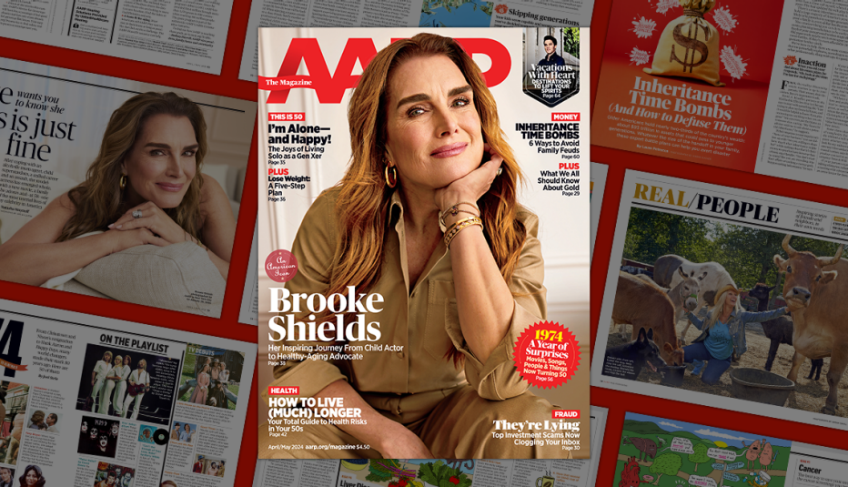 a a r p the magazine cover April - May 2024 featuring Brooke Shields, on background of magazine pages
