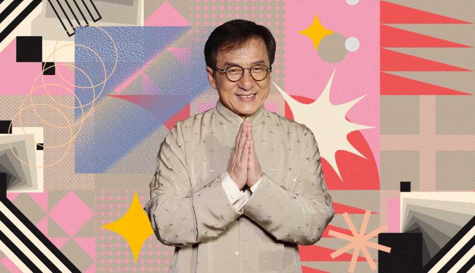 Jackie Chan on colorful, flashy background with all sorts of shapes and symbols