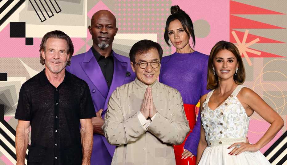 Collage of Dennis Quaid, Djimon Hounsou, Jackie Chan, Victoria Beckham and Penélope Cruz on colorful, flashy background with all sorts of shapes and symbols