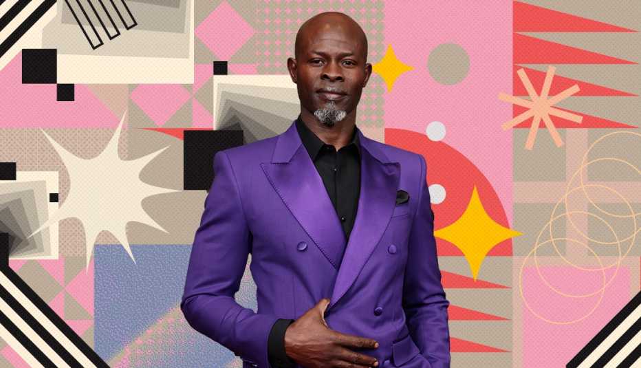 Djimon Hounsou on colorful, flashy background with all sorts of shapes and symbols