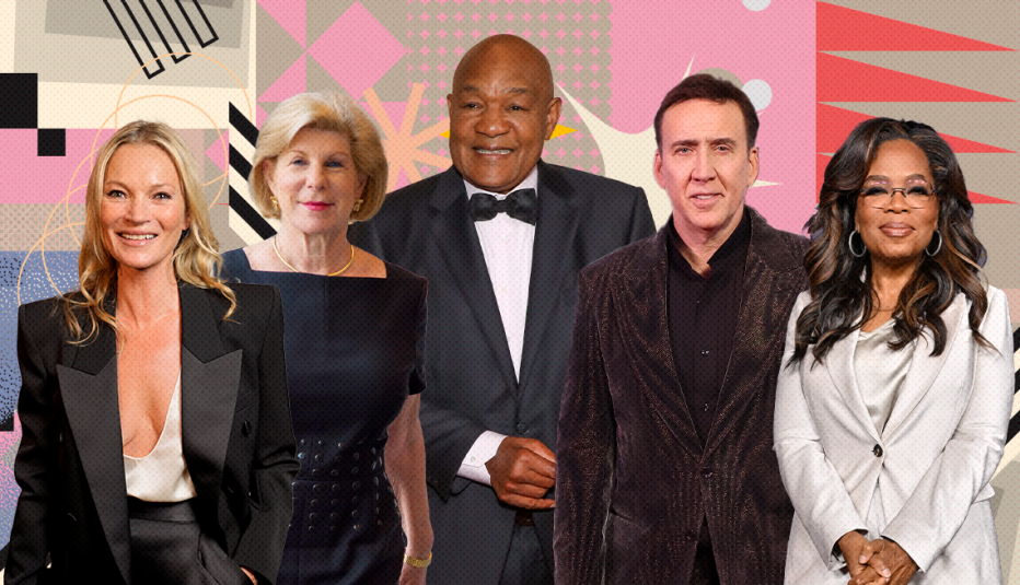 collage of kate Moss, nina totenberg, george foreman, nicolas cage and oprah winfrey on colorful, flashy background with all sorts of shapes and symbols