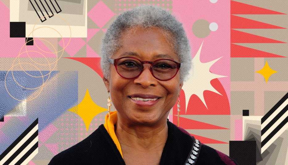 alice walker on colorful, flashy background with all sorts of shapes and symbols
