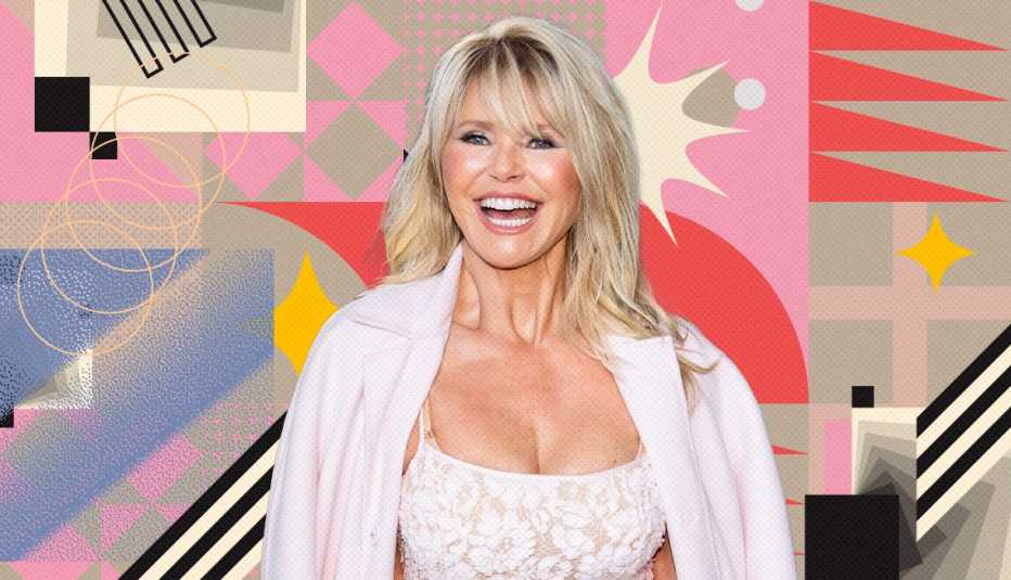 christie brinkley on colorful, flashy background with all sorts of shapes and symbols