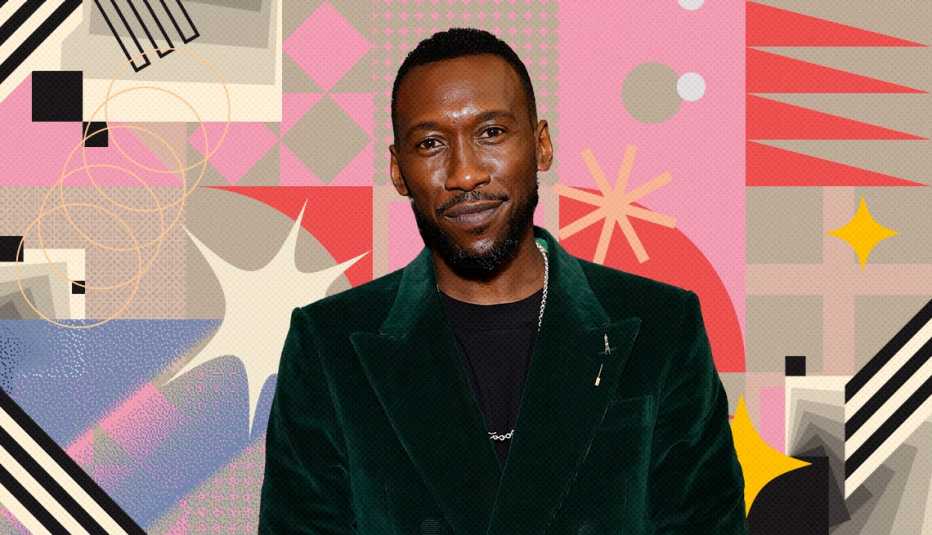 mahershala ali on colorful, flashy background with all sorts of shapes and symbols