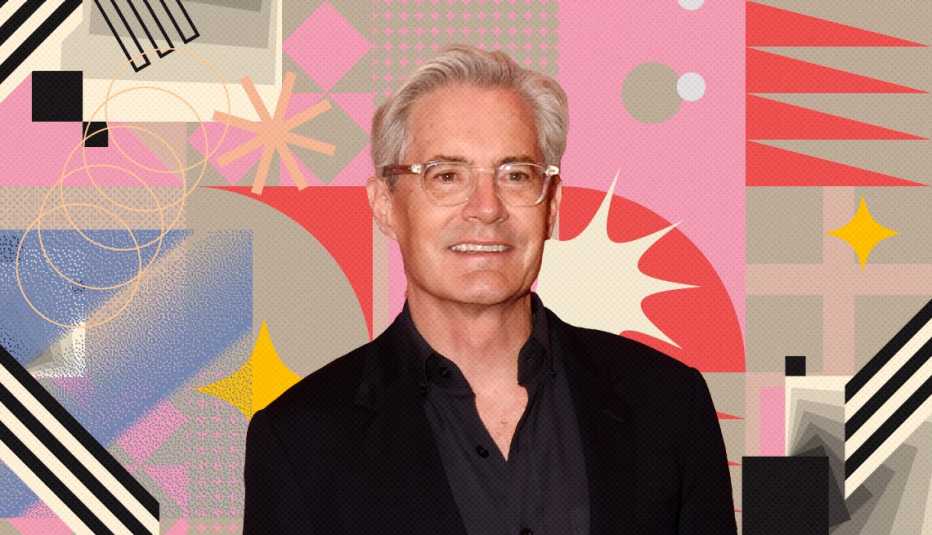 kyle maclachlan on colorful, flashy background with all sorts of shapes and symbols