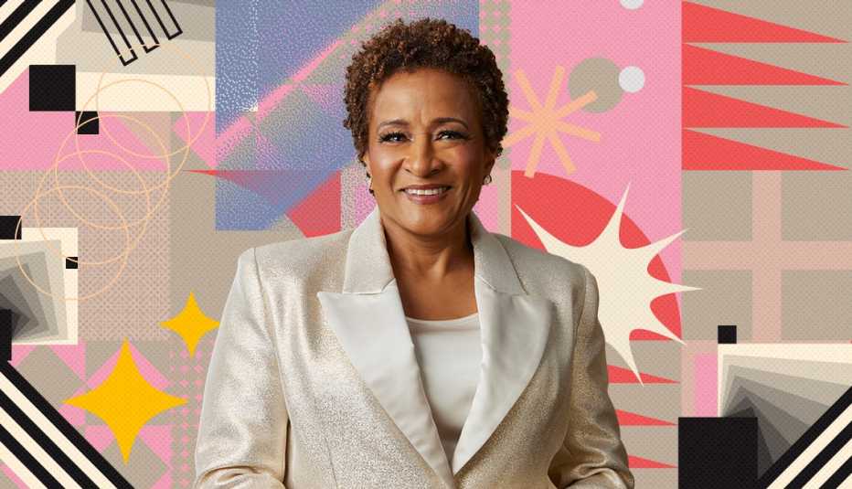 wanda sykes on colorful, flashy background with all sorts of shapes and symbols