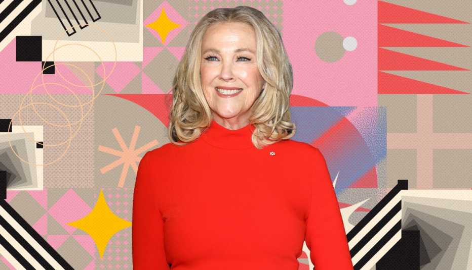 catherine o'hara on colorful, flashy background with all sorts of shapes and symbols