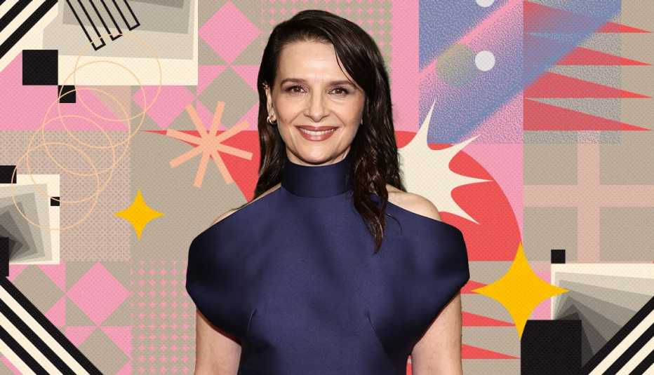juliette binoche on colorful, flashy background with all sorts of shapes and symbols