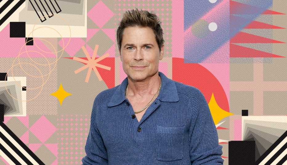 rob lowe on colorful, flashy background with all sorts of shapes and symbols