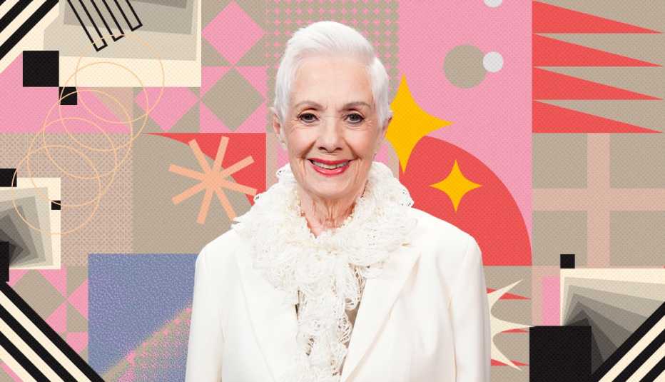 shirley jones on colorful, flashy background with all sorts of shapes and symbols