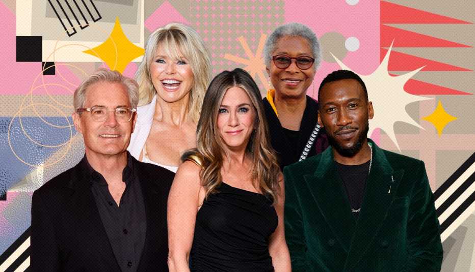 collage of kyle maclachlan, christie brinkley, jennifer aniston, alice walker and mahershala ali on colorful, flashy background with all sorts of shapes and symbols