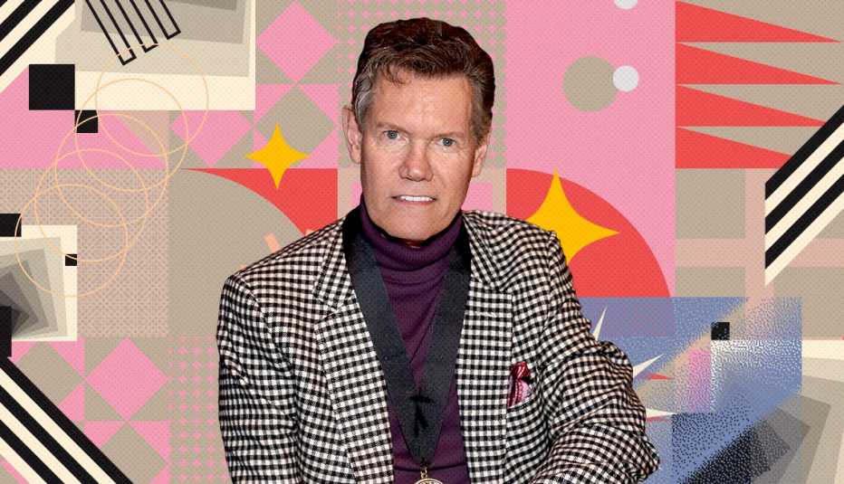 Randy Travis on colorful, flashy background with all sorts of shapes and symbols