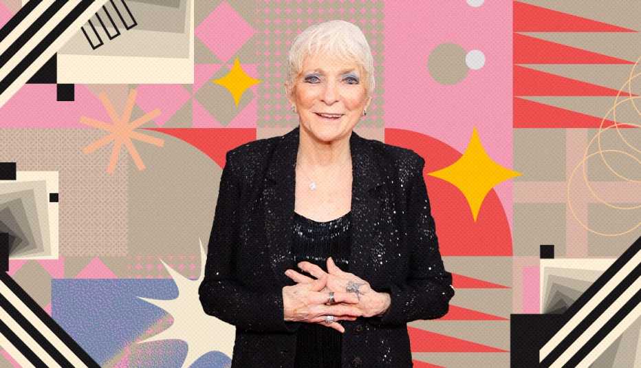 Judy Collins on colorful, flashy background with all sorts of shapes and symbols
