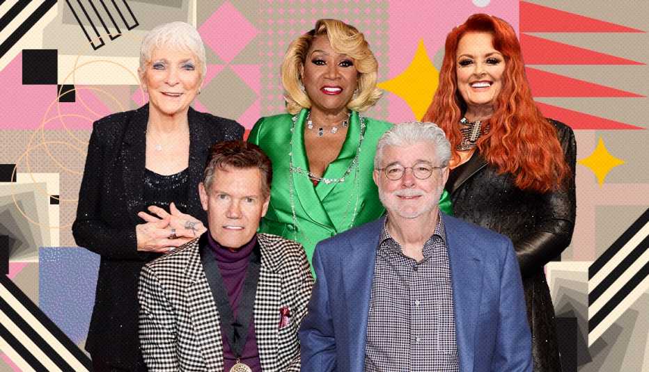Judy Collins, Randy Travis, Patti LaBelle, George Lucas and Wynonna Judd on colorful, flashy background with all sorts of shapes and symbols