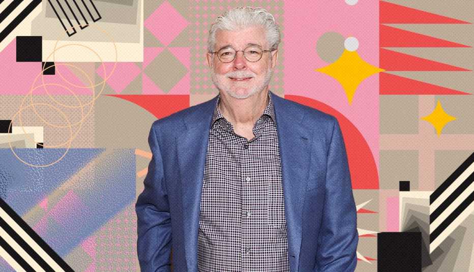 George Lucas on colorful, flashy background with all sorts of shapes and symbols
