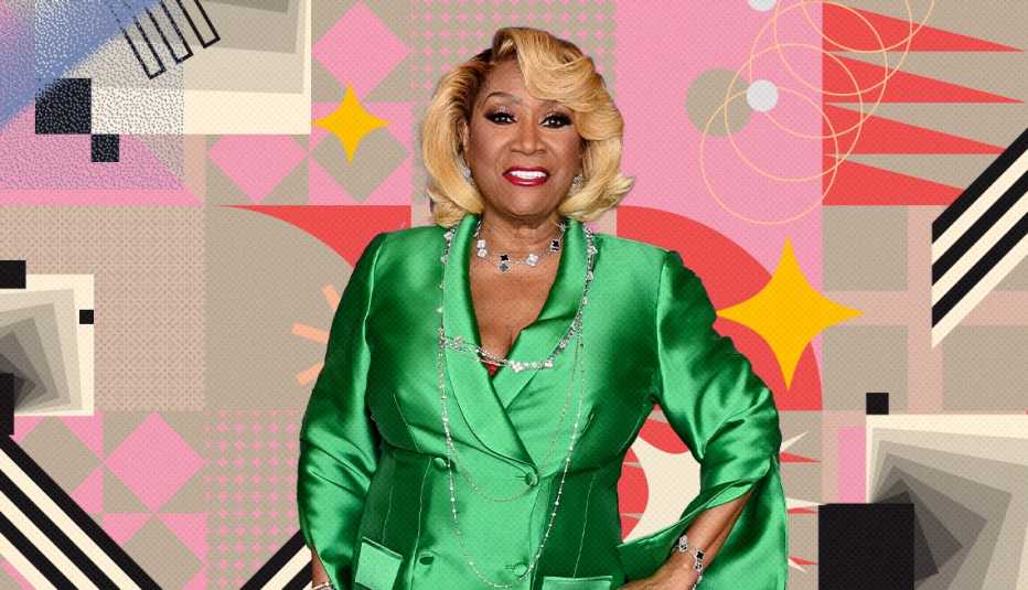 Patti LaBelle on colorful, flashy background with all sorts of shapes and symbols