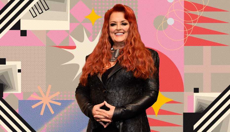 Wynonna Judd on colorful, flashy background with all sorts of shapes and symbols