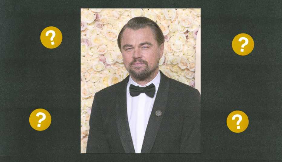 leonardo dicaprio surrounded by gold circles with question marks in them