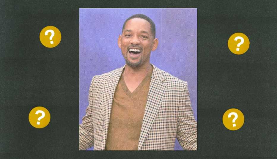 will smith surrounded by gold circles with question marks in them