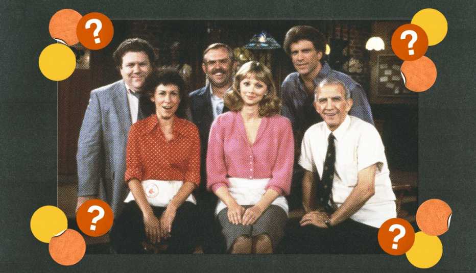 cast of cheers on set; surrounded by yellow, orange and red circles with question marks