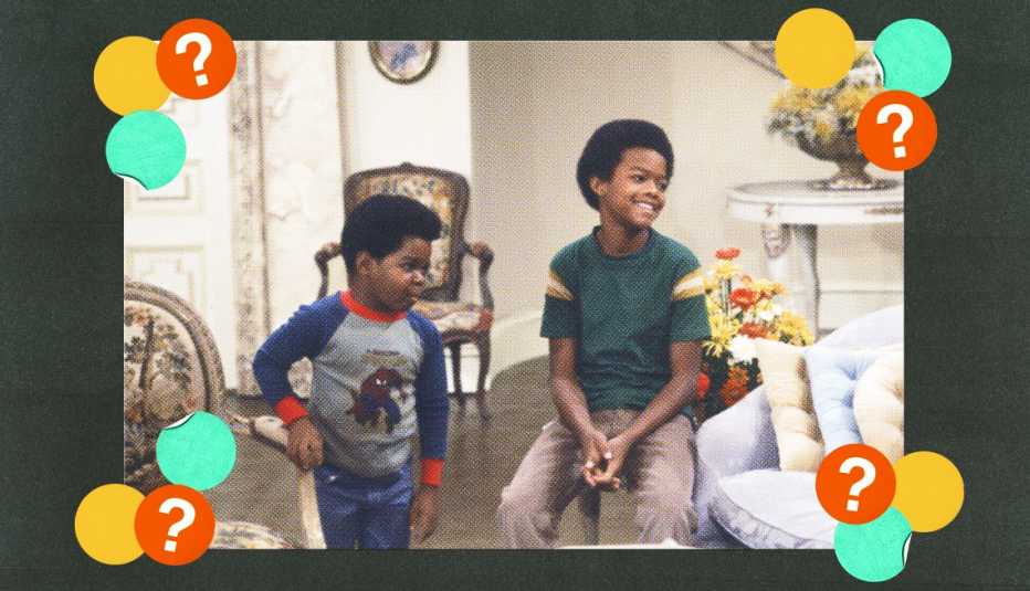 gary coleman as arnold jackson and todd bridges as willis jackson in a still from diff'rent strokes; surrounded by yellow, mint green and red circles with question marks