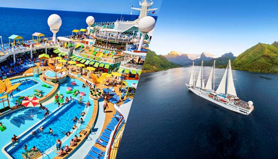 huge cruise ship with swimming pools on it on left; small boat on right
