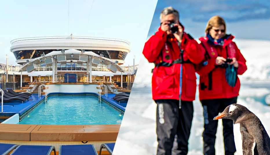 cruise ship with swimming pool on it under sunny sky on left; man and woman outside with penguin in snow on right