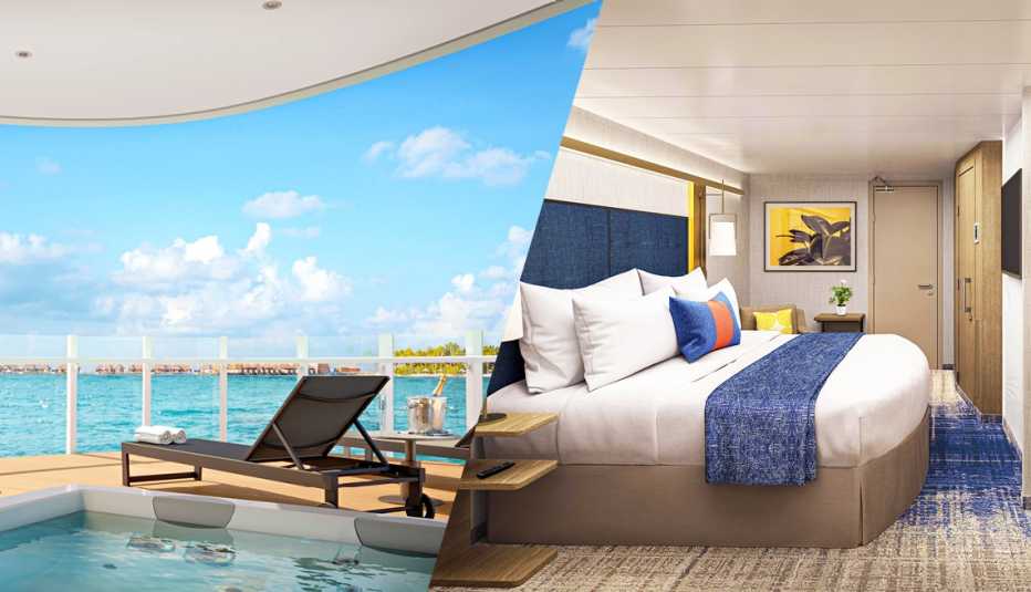 balcony of room with pool on it on left; inside of a room with bed on right