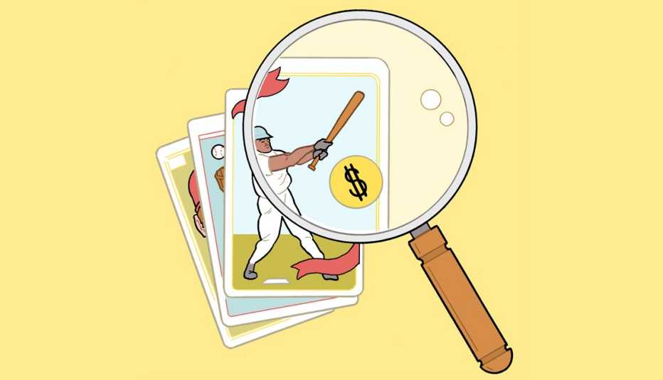 illustration of magnifying glass looking at baseball cards