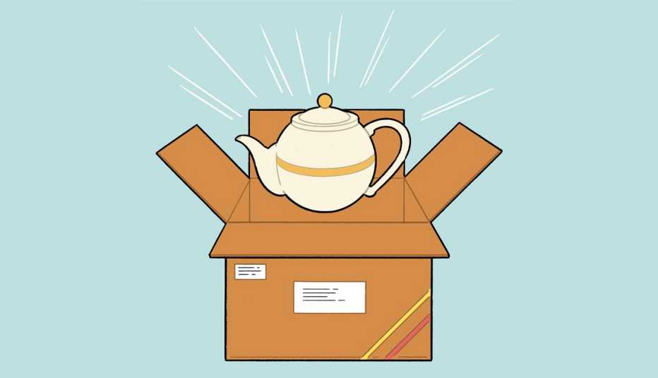 illustration of tea kettle going into cardboard box