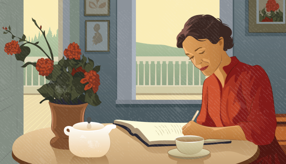 illustration of woman at table writing in book; mug next to her; flowers in vase on table; window behind table