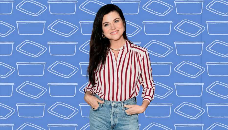 tiffani thiessen wearing jeans and white and red striped shirt; hands in pockets; blue background with illustrations of dishes on it