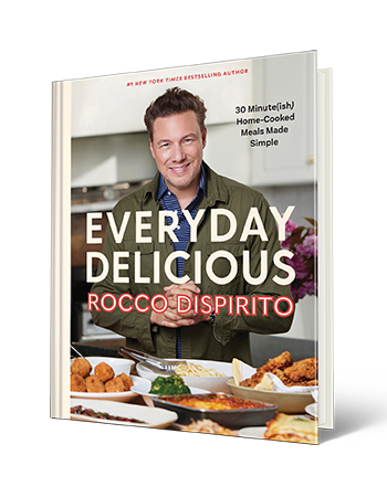 Book with words 30 Minute-ish Home-Cooked Meals Made Simple, Everyday Delicious, Rocco DiSpirito