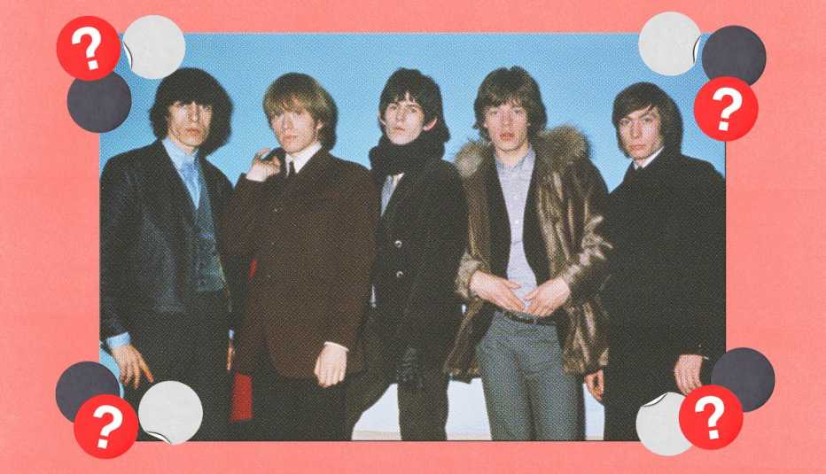 Bill Wyman, Brian Jones, Keith Richards, Mick Jagger and Charlie Watts; surrounded by light gray, dark gray and red circles with question marks in them