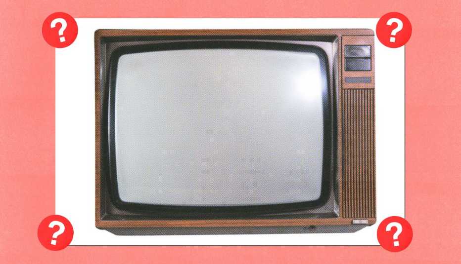 Old television; surrounded by red circles with question marks in them