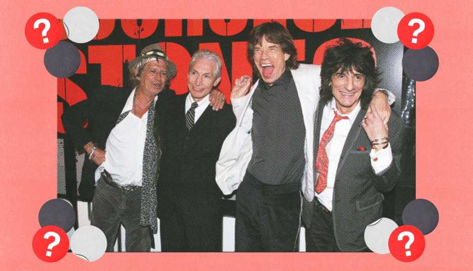Keith Richards, Charlie Watts, Mick Jagger and Ronnie Wood; surrounded by light gray, dark gray and red circles with question marks in them