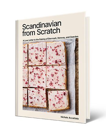 Book cover with words scandinavian from scratch a love letter to the baking of denmark, norway, and sweden, nichole Accettola