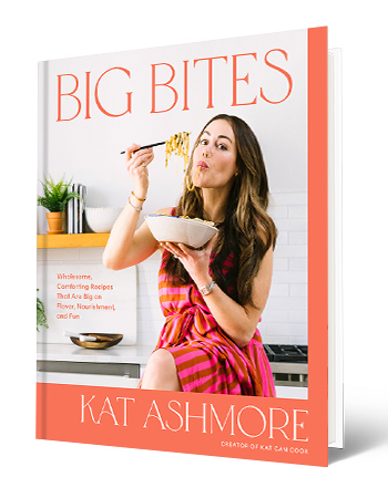book cover that says big bites, kat ashmore, with kat ashmore eating noodles on cover