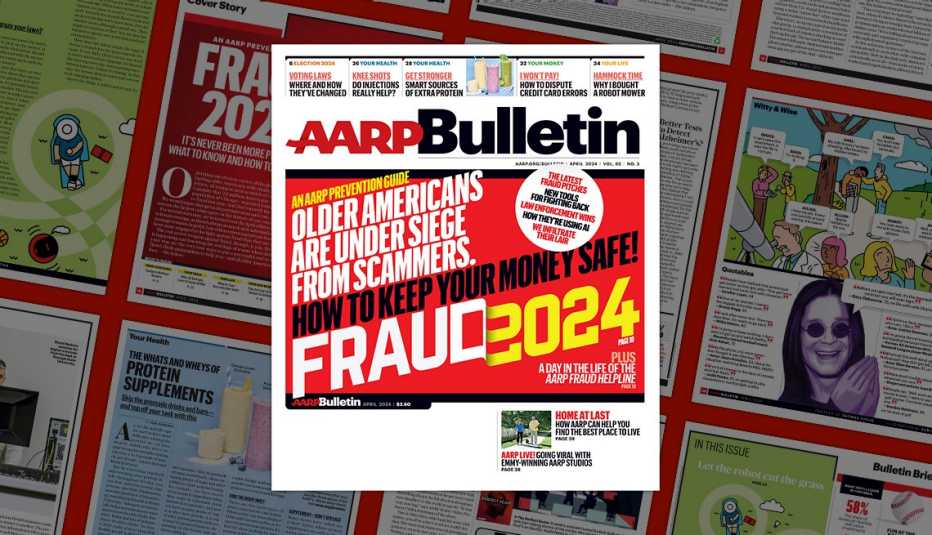 a a r p bulletin april 2024 cover; how to keep your money safe! fraud 2024 on background of magazine pages