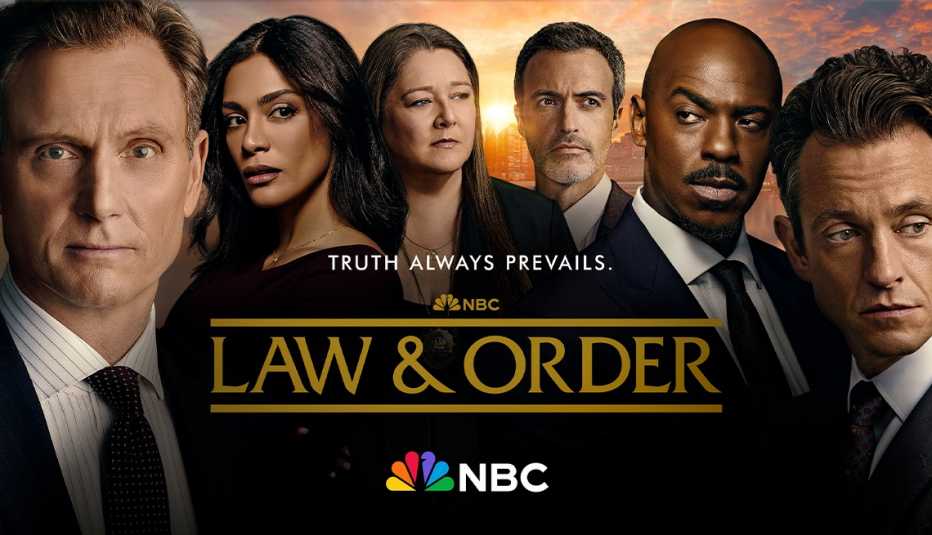 Tony Goldwyn, Odelya Halevi, Camryn Manheim, Reid Scott, Mehcad Brooks, and Hugh Dancy with words Truth Always Prevails, Law and Order, NBC