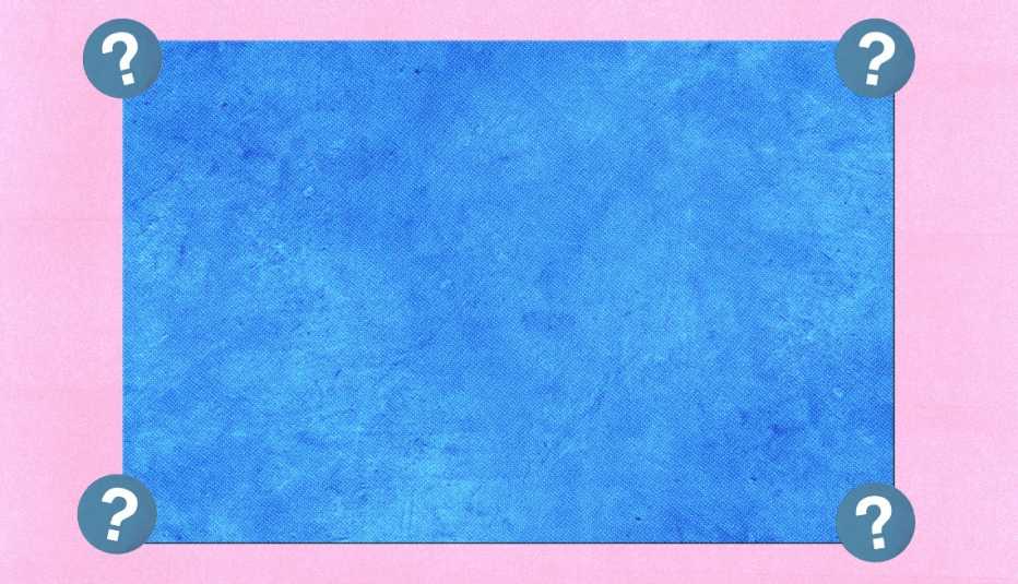 blue textured rectangle with a question mark in each corner